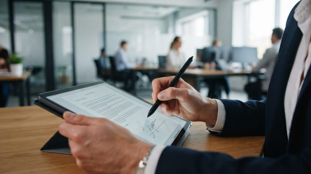 Close-up of hands signing digital document on tablet with st