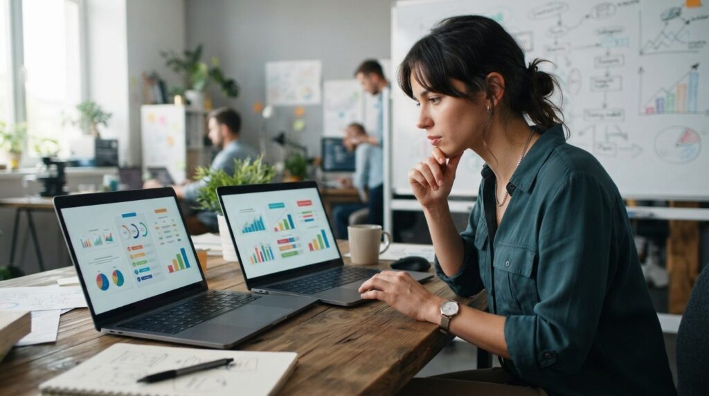 Young entrepreneur comparing two laptops showing different s