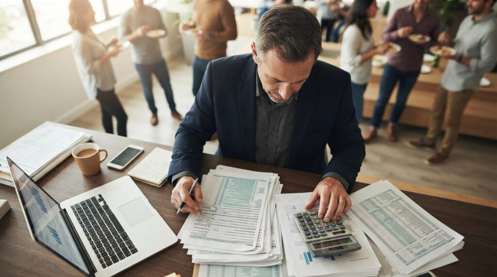 Close-up overhead shot of a business owner reviewing financi