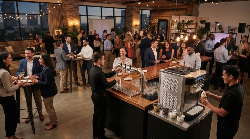 Wide angle shot of a professional company celebration with d