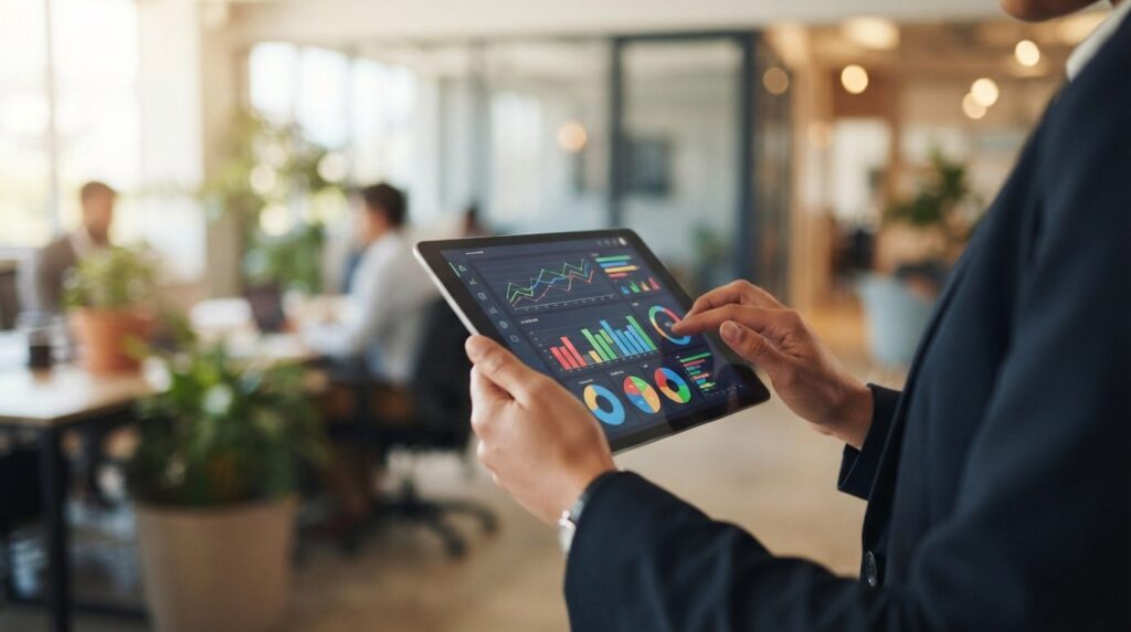 Close-up of entrepreneur hands holding tablet showing analyt