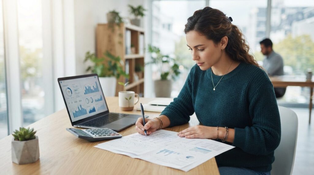 Female startup founder reviewing financial planning document