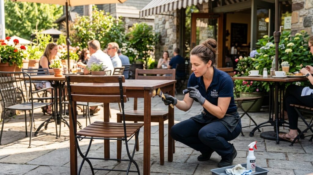 Business owner or café manager inspecting and maintaining ou