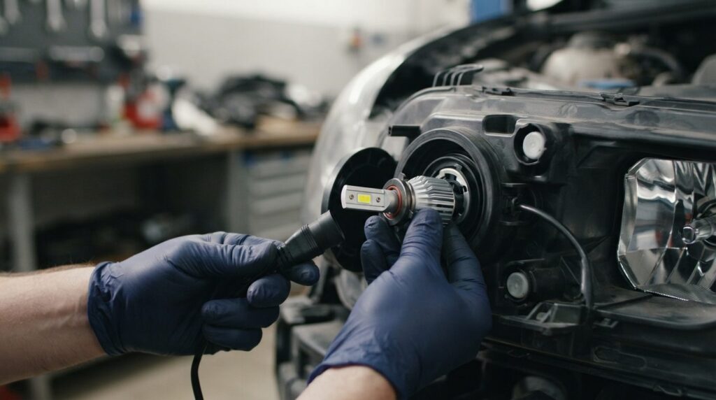 Close-up detail shot of hands installing a new LED car bulb 