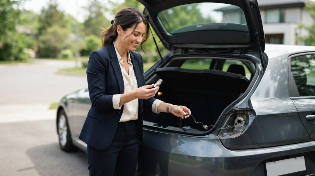 Self-employed businesswoman in professional clothing holding