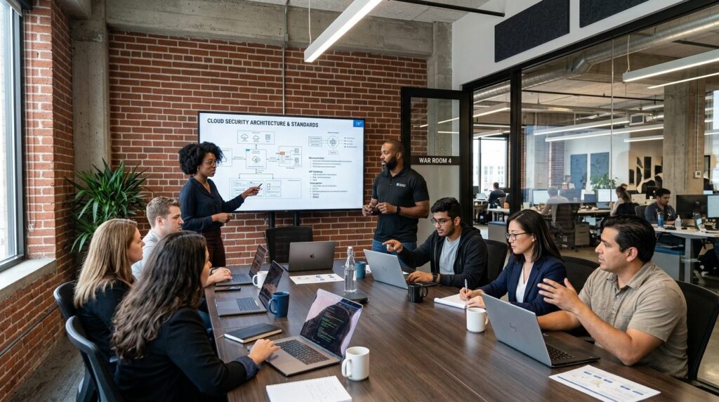 Wide angle photograph of a diverse team of software develope