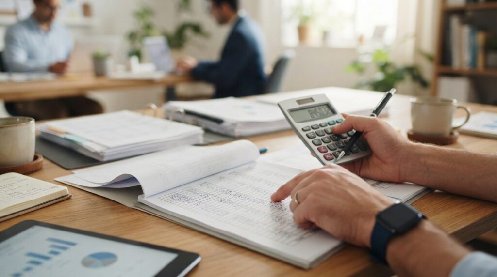 Close-up of hands holding calculator and pen over spreadshee