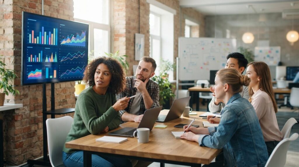 Diverse group of online entrepreneurs in casual meeting room